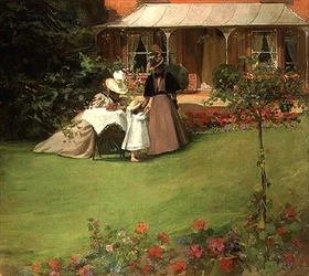 Elegáns hölgyek a kertben (olaj, vászon)