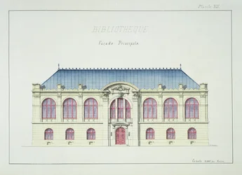 Könyvtár főhomlokzata, XII. tábla tervfóliáról, 1870 körül