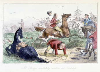 Hunter leesik a lováról. Angol rajzfilm Thomas Scott vagy Hawbuck Grange kalandjaiból”, illusztráció: H.K. Browne és W.T. Maud.