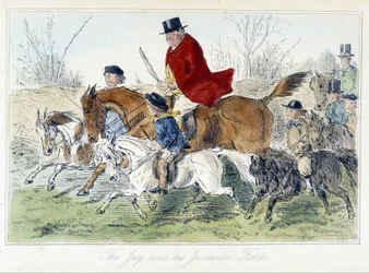Vadászjelenet, angol karikatúra rókavadászatról Thomas Scott vagy Hawbuck Grange „” kalandjaiból merít”, illusztráció: H.K. Browne és W.T. Maud.