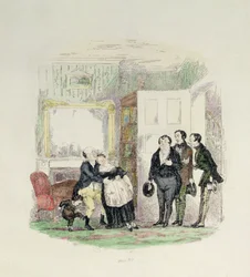 Pickwick urat barátai találják meg Mrs. Bardell-lel a karjában, illusztráció Charles Dickens (1812-70) „Pickwick-papírjaiból” 1837 (színes metszet)