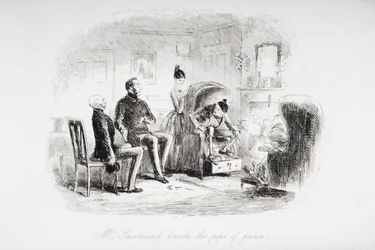 Mr. Smallweed megtöri a béke csövét, Charles Dickens (1812-70) „Bleak House” című illusztrációja, 1853-ban megjelent