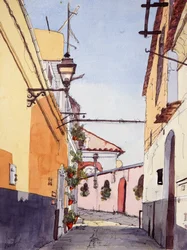 Oldalutca, Positano, Olaszország, 2024 körül (akvarell és tus)