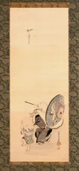 Hotei és gyermek (tinta és szín a selyemen)