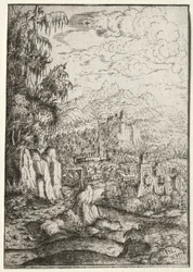 Táj egy kastélyhoz vezető úton egy folyó szigetén, 1554.