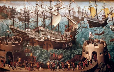 VIII. Henrik (1491-1547) hajóra szállása Doverben a Henri Grace a Dieu galionon” I. Francois-val (a Camp du Drap d