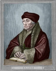 Didier Erasme (Rotterdami Erasmus) (1469 - 1536), holland humanista portréja. Metszet az eredeti után, Holbein Hans, the Young (1497-1543). Armengaud 1859-es metszete Európa - Olaszország galériáiban. Magángyűjtemény.