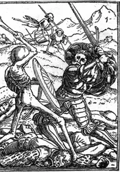 Hans Holbein the Young (1497-1543): a katona álhalála. Egy katona harcol a halállal; lábuknál más harcosok testei hevernek. Metszés.