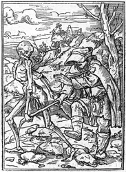 Ifjabb Hans Holbein (1497-1543): a vakok halálának szimulákonjai. A halál megragadja a vak botját, és vezető szerepet tölt be. Metszés.