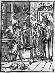 Ifjabb Hans Holbein (1497-1543): az orvos halálának szimulákonjai. A halál az orvos és a betege közé esik. Metszés.