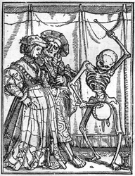 Ifjabb Hans Holbein (1497-1543) halálának szimulákonjai: a férjek. A halál dob egy pár előtt. Metszés.