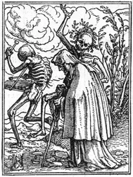 Ifjabb Hans Holbein (1497-1543) halálának szimulákonjai: a régi. A halál elkísér egy idős hölgyet a sorsába. Metszés.