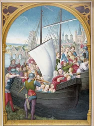 A szüzek partraszállása Kölnben és mártíromságuk, ap. Szent Orsolya sakkja, Bruges, Memling