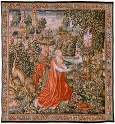 Flamand kárpit. Szent Bűnbánó Jeromos, vagy Szent János. Jeromos a sivatagban (St. Jerome the Penitentiary, vagy St. Jerome in the Desert). Models Cartoon Hans Memling (kb. 1433-1493) vagy Gerard David (kb. 1450-1523). Gyártó Unknown Weaver,