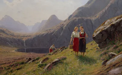 Három lány a hegyi tónál Nyugat-Norvégiában (olaj, vászon)
