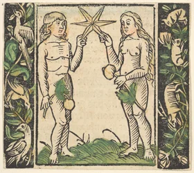 Ádám és Éva csillagot tartva, illusztráció a Decided Gart des Rosary Mariae-ból.