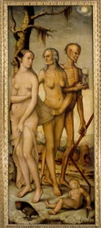 Az életkorok: Egy fiatal nő, egy öregember és egy homokórát tartó csontváz. 1540. Méretek: 1,51 x 0,61 m. Madrid, Prado Múzeum
