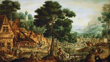 Falusi flamand - flamand falusi élet - Hans Bol (1534-1593). Olaj, fa, kb 1562. Mérete: 49,5x83,8 cm. Művészettörténeti Múzeum, Vienne