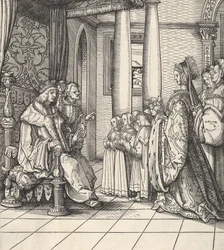 A fehér király lányát, Margitot és Fülöp király gyermekeit fogadja a Der Weisskunigból, 1514-16