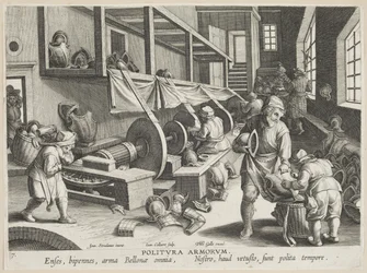 Politura Armorum (polírozó karok), 17. tábla a Nova Reperta (Modern felfedezések) c.1588 sorozatból (metszet fektetett papírra)
