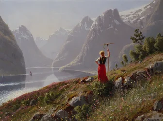 Lány egy gereblyével a fjord tájban