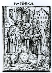 A halál és az ügyvéd, a "Haláltánc"-ból, Hans Lutzelburger metszete, 1538 körül.