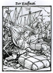 Halál és a kereskedő, a "Haláltánc"-ból, Hans Lutzelburger metszete, 1538 körül