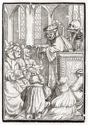 A halál jön a prédikátorért, Georg Scharffenberg metszete a „Der Todten Tanz”-ból, Bázelben, 1843