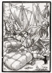 A Halál jön a kereskedőhöz, Georg Scharffenberg metszetét a „Der Todten Tanz”-ból, Bázelben, 1843-ban.