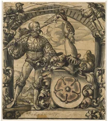 Tervezés 1522-es ólomüveg heraldikai panelhez (toll és fekete tinta mosással)