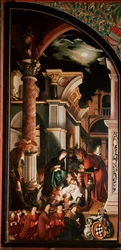 Oberried oltárkép: „A pásztorok imádása”” Detrempe fán, Hans Holbein the Young (1497/8-1543) 1521-1522 V. 231x109 cm Cathedrale de Fribourg, Svájc