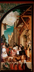Oberried oltárkép: „A mágusok imádata”” Detrempe fán, Hans Holbein the Young (1497/8-1543) 1521-1522 V. 231x109 cm Cathedrale de Fribourg, Svájc