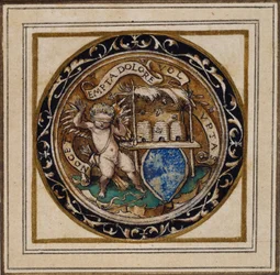 Ámor megcsípte a méheket – Medál- vagy kalapjelvény kialakítása, 1532-43 körül (toll és tinta papíron)