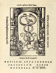 Johann Frobens (kb. 1460-1527) nyomdajegye, amelyen két kéz a caduceust tartja Sir Thomas More (1478-1535) „Utópia” 1518-as harmadik kiadásából, amely először 1516-ban jelent meg. Hans Holbein ifjabbi fametszete (c. 1497-1543)