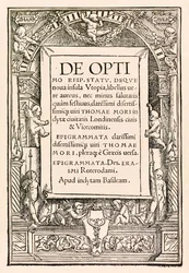 Címlap Sir Thomas More (1478-1535) „Utópia” 1518-as bázeli harmadik kiadásából, először 1516-ban. Hans Holbein ifjabb (kb. 1497-1543) fametszete bal és jobb felső sarokban kartusszal, dekoratív tábla. putti és nyomtató jele