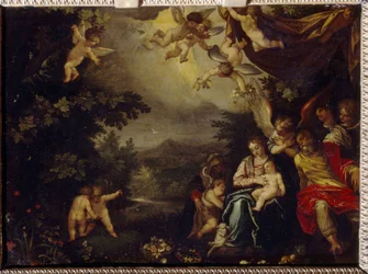 A Szent Család Szent Erzsébettel és Keresztelő Szent Jánossal. Hans Rottenhammer Groin (1564-1625) festménye, olaj, réz. Német művészet, 16.-17. század vége, barokk művészet. Állami A. Puskin Szépművészeti Múzeum, Moszkva.