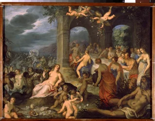 Az istenek lakomája, Péleusz és Thetisz házassága. Balra tengeri istenségek, tritónok és najádok. Középen a Föld istennője, Tellus Mater, vagy Terra Mater, illetve Gaia, bőségszaruval