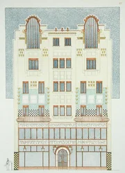 Tervezés egy ötemeletes épülethez, 1900-as évek eleje, a „Documents Architecture Moderne”-tól (színes litho)