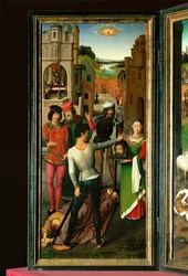 Keresztelő Szent János és Evangélista Szent János oltárképe. Bal szárny: Keresztelő Szent János lefejezése (tölgyfára festett kép).