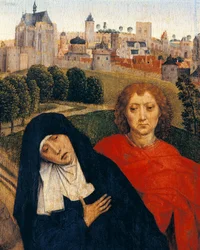 Fájdalmas Szűzanya, részlet Hans Memling keresztre feszítéséből (1430-1494 körül)