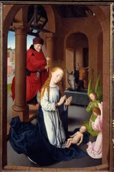 A mágusok imádásának triptichonja. A bal oldali panel részlete: La Nativite. Detrempe fán Hans Memling (1433-1494), 1470 körül. Madrid. Prado Múzeum