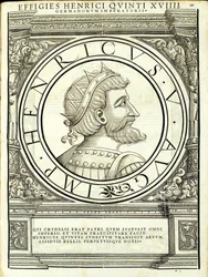 V. Henrik, illusztráció a „Minden kelet és nyugat római császárai” című könyvből, Rudolph Wyssenbach fametszete, nyomta: Andreas Gesner, Zürich