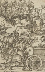 Az erényes ember szekéren a mennybe vezető úton, Hymmelwagen auff dem, wer wol leb..., 1517-ből.