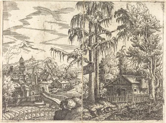Táj, kilátással egy gazdakunyhóra és egy folyó melletti városra, 1551.