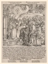 Maximilian császár, akit védőszentjei mutattak be a Mindenhatónak, 1519.