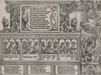 A bal oldali portál felső része, oroszlánbőr felirattal, fríz B...-vel, 1515.