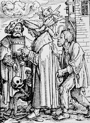 Halál és tanácsos, A haláltánc című könyvből, Hans Lutzelburger metszete, 1538 körül