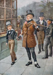 Micawber úr David Home-t vezényel, illusztráció a Dickens karaktervázlataiból, amelyet B.W. Matz, 1924