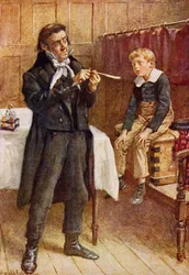 Mr Wackford Squeers és az új tanítvány, illusztráció a Dickens karaktervázlataihoz, amelyet B.W. Matz, 1924