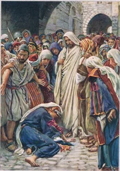 Az asszony, aki megérintette ruhája szegélyét, illusztráció a „Women of the Bible” című kiadványból, a Religious Tract Society kiadásában